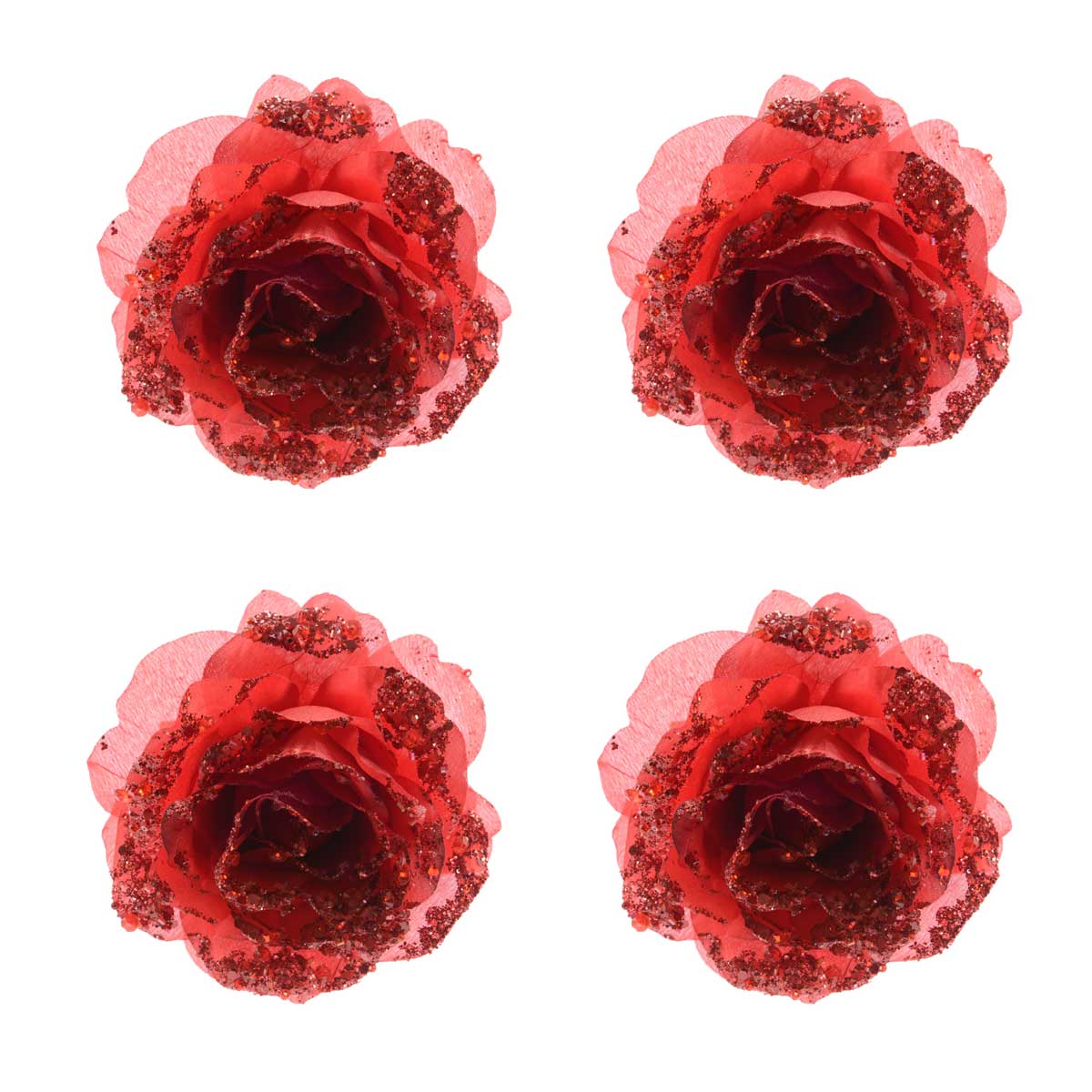 OFFERTA 4 ROSE ROSSO GLITTERATA 14CM