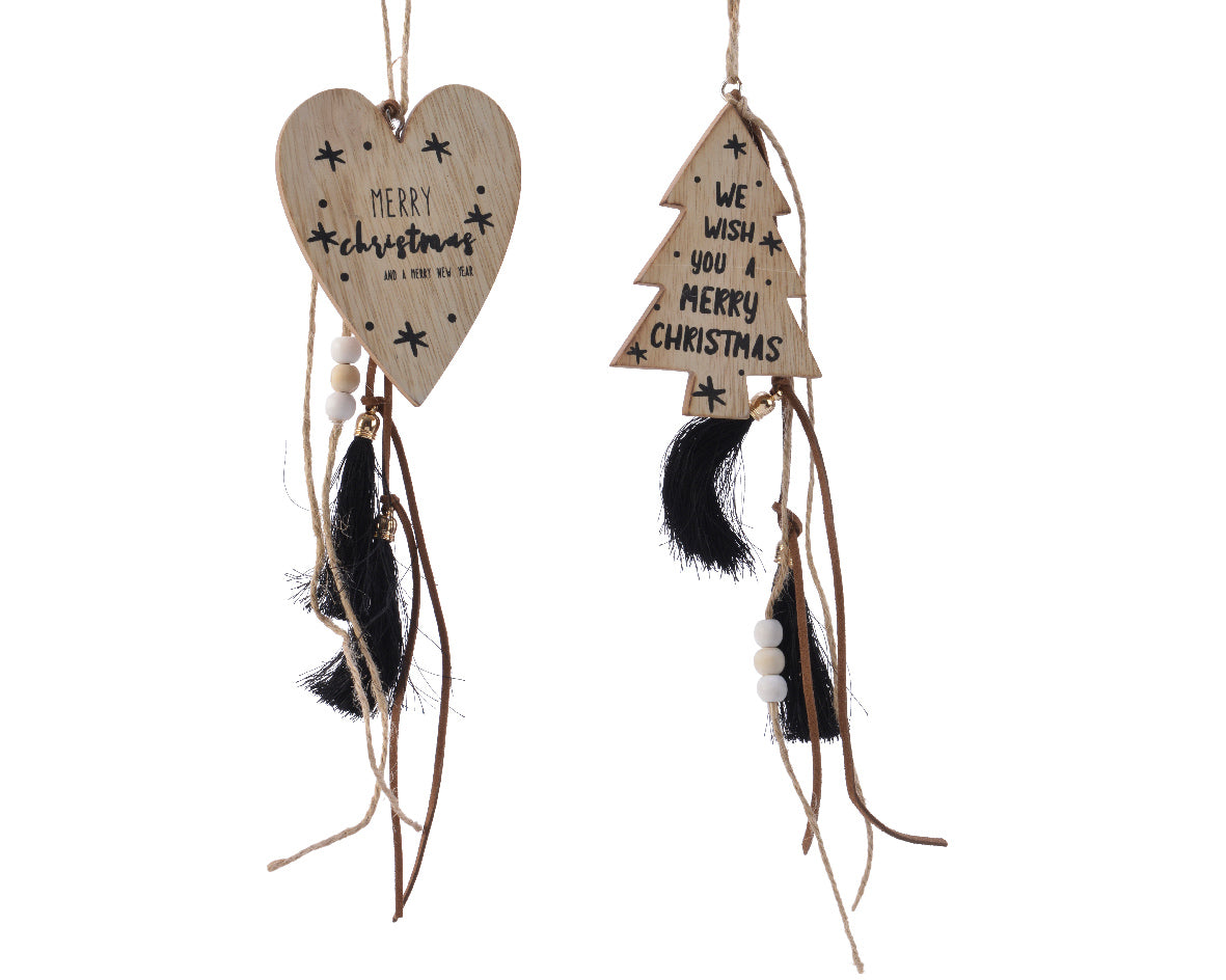 PENDENTE NATALIZIO IN LEGNO CON CUORE O ALBERO FRASE NATALIZIA ASSORTITO