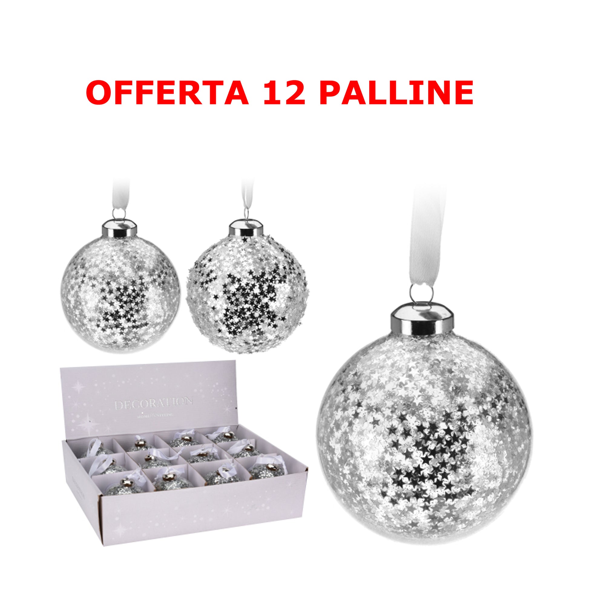 OFFERTA 12 PALLINE DI NATALE 8 CM IN VETRO ARGENTO ASSORTITE