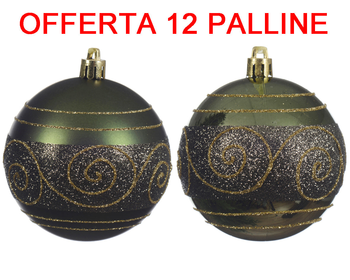 OFFERTA 12 PALLINE DI NATALE 8CM VERDE PINO LUCIDA/OPACA ASSORTITA