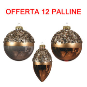 OFFERTA 12 PALLINE DI NATALE 8CM MIX GOLD CON GLITTER ASSORTITA