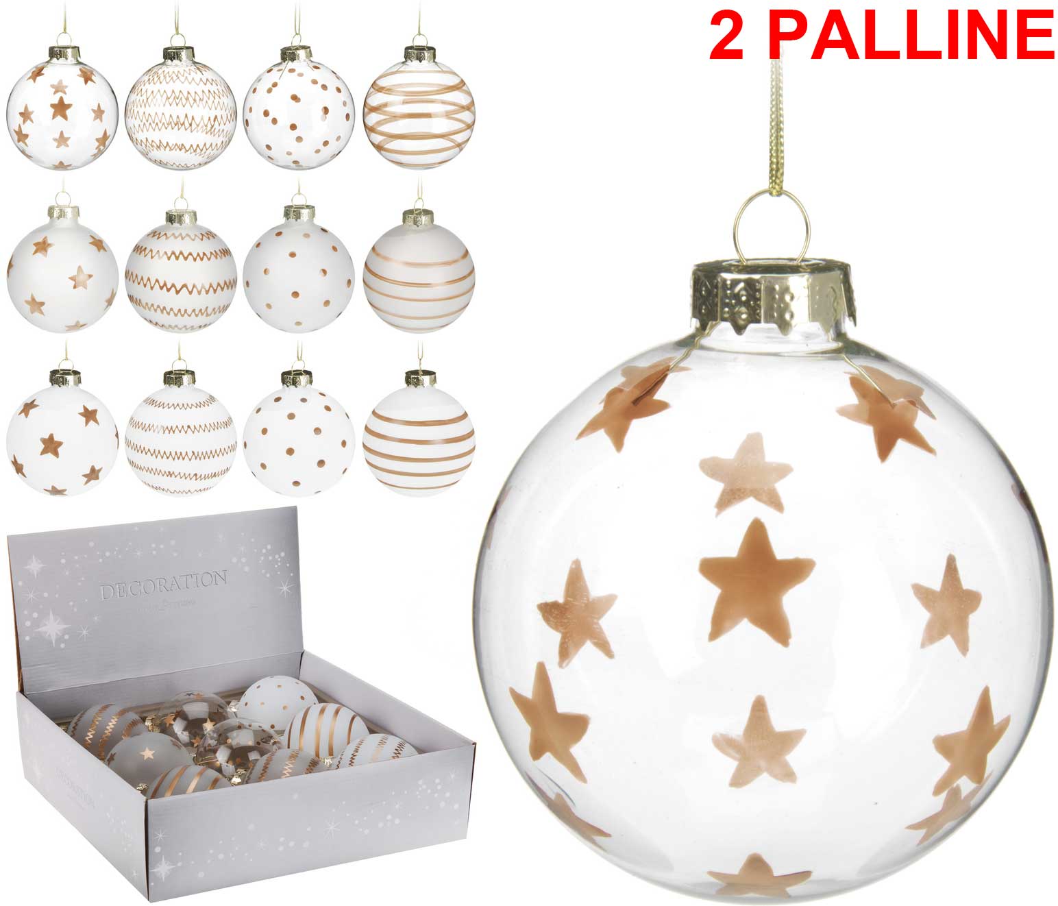 OFFERTA 2 PALLINE CON DECORAZIONI NATALIZIE ORO ASSORTITE 9CM