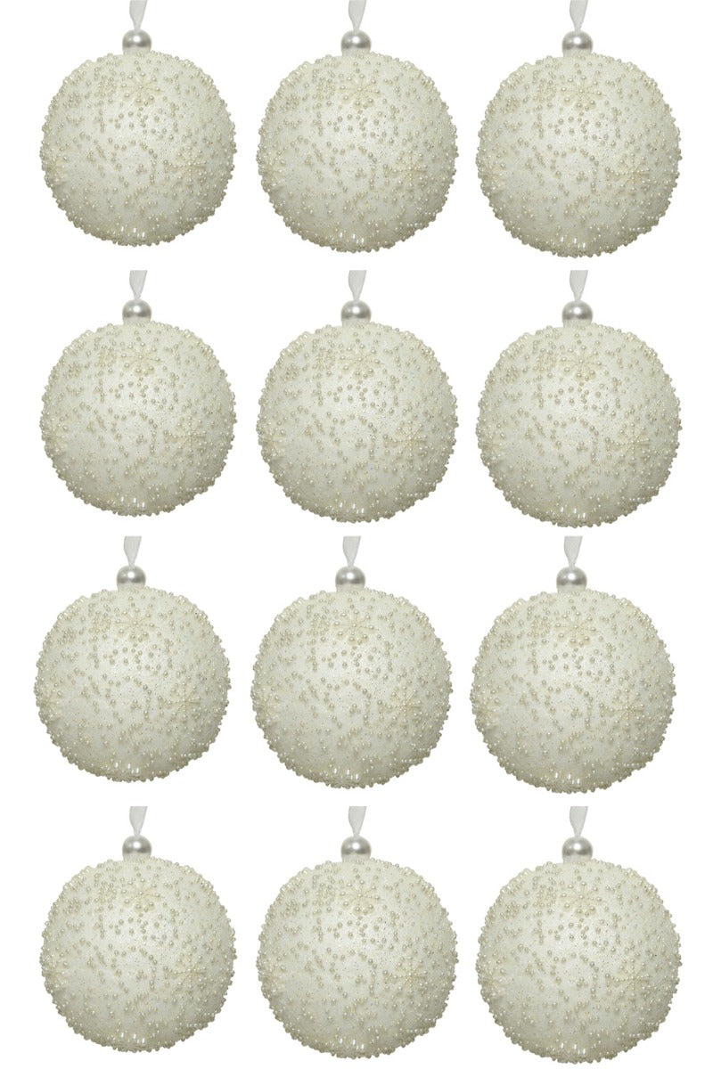 OFFERTA 12 PALLINE DI NATALE FIOCCO DI NEVE CON PERLINE BIANCO LANA 8CM