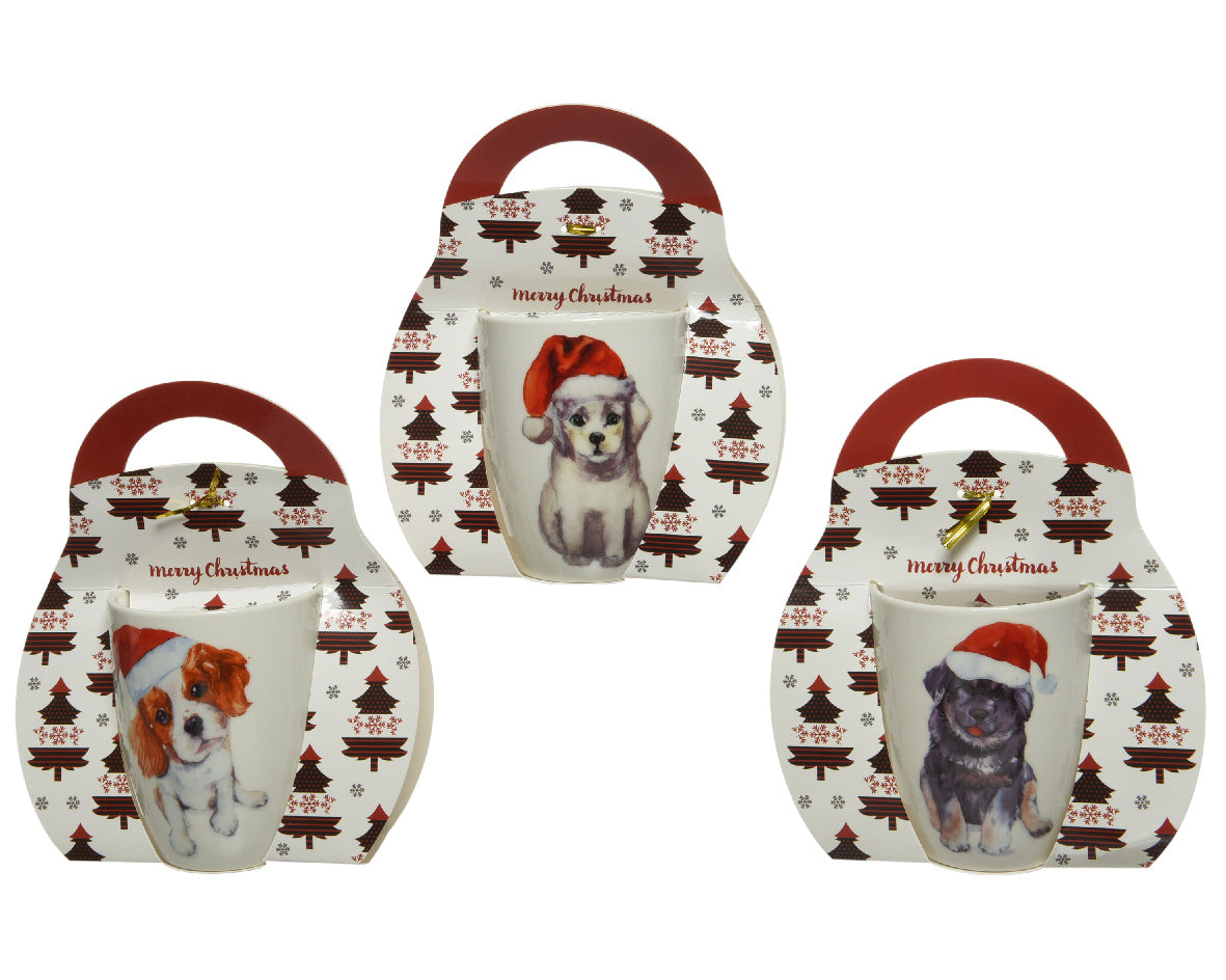 MUG/TAZZA CAGNOLINI CON CAPPELLO DI NATALE MODELLO ASSORTITO 12X8X10CM