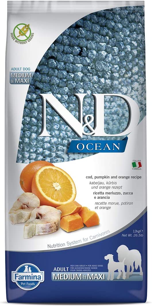 CROCCHETTE PER CANI N&D GRAIN FREE MERLUZZO, ZUCCA E ARANCIA 12 KG ADULT MEDIUM/MAXI