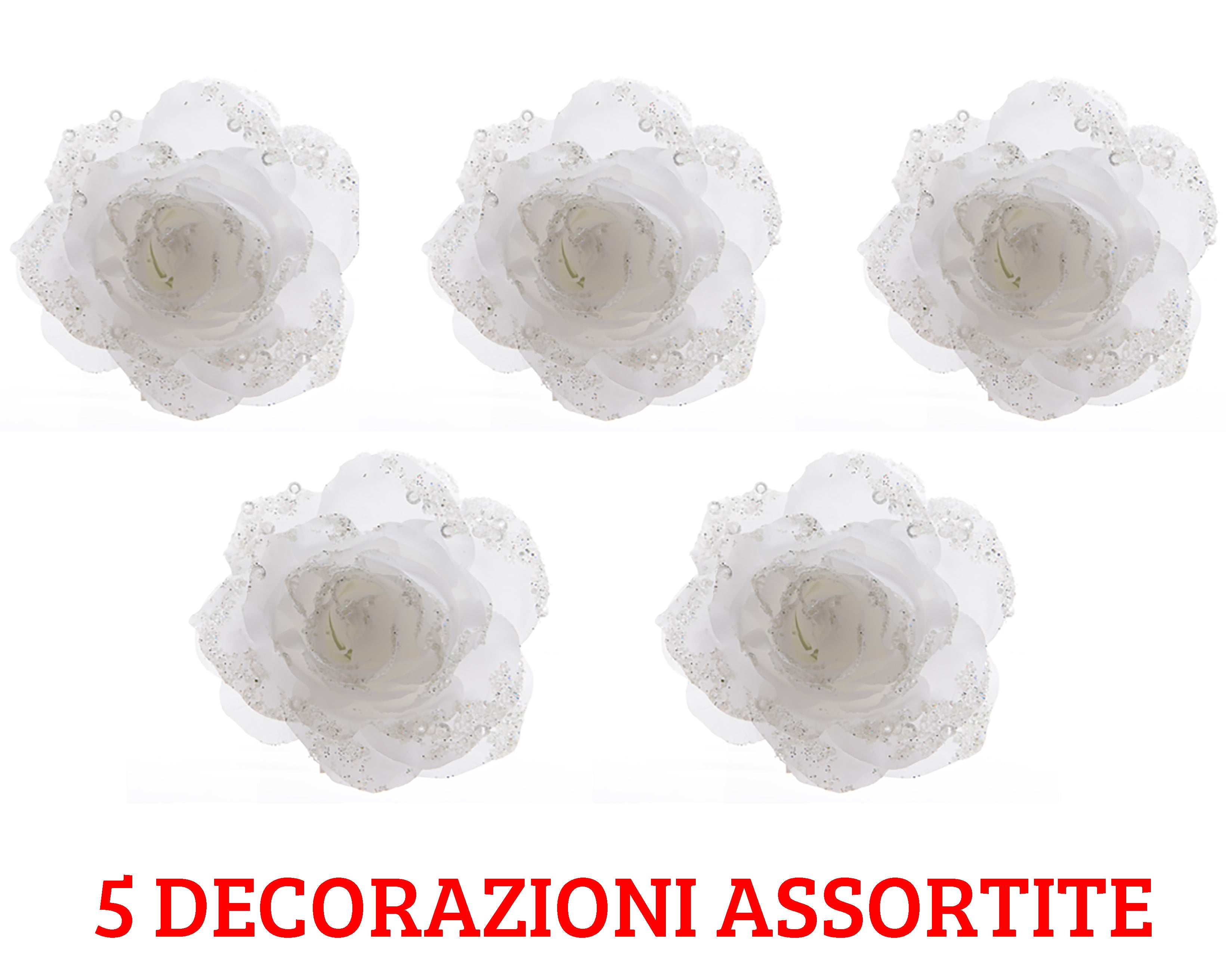 5 ROSE APPENDIBILI CON CLIPS 14CM CON GLITTER BIANCO INVERNO