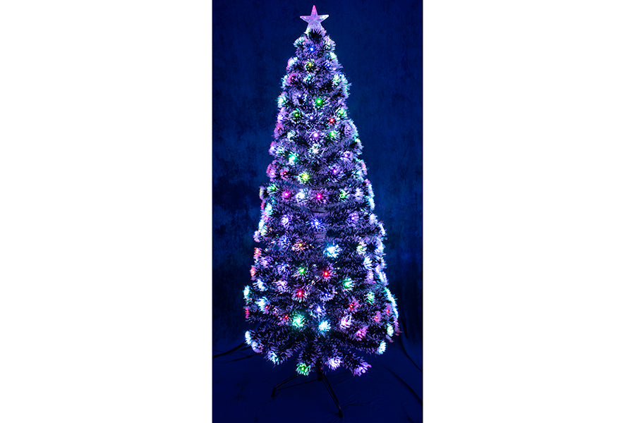 ALBERO LUMINOSO CON RAMI INNEVATI IN FIBRA OTTICA 120 LED MULTICOLOR E FIORI LUMINOSI H120CM