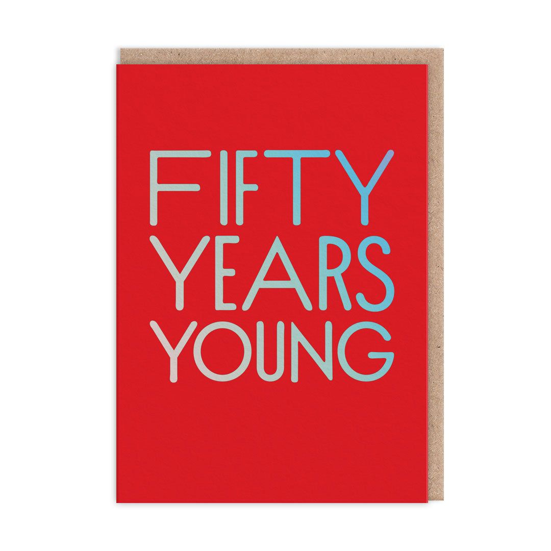 Ohh Deer Biglietto di auguri "Fifty Years Young Birthday" A6 (152 x 112 x 1,5 mm), rosso/kraft