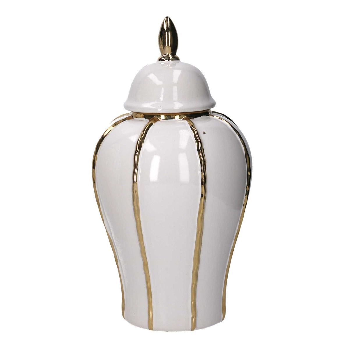 VASO IN CERAMICA CON COPERCHIO, Ø19.5XH36.5CM, COLORE BIANCO E ORO