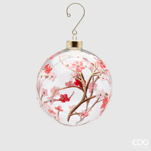 PALLINA DI NATALE IN VETRO CON FIORI, Ø10CM, ROSA