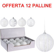 OFFERTA 12 PALLINE DI NATALE 8CM BIANCA CON STRASS ASSORTITA