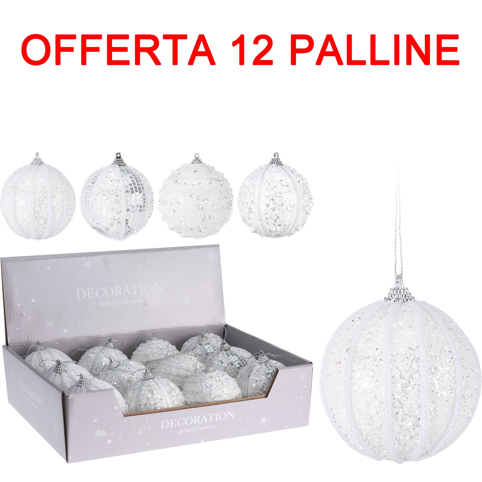 OFFERTA 12 PALLINE DI NATALE 8CM BIANCA CON STRASS ASSORTITA