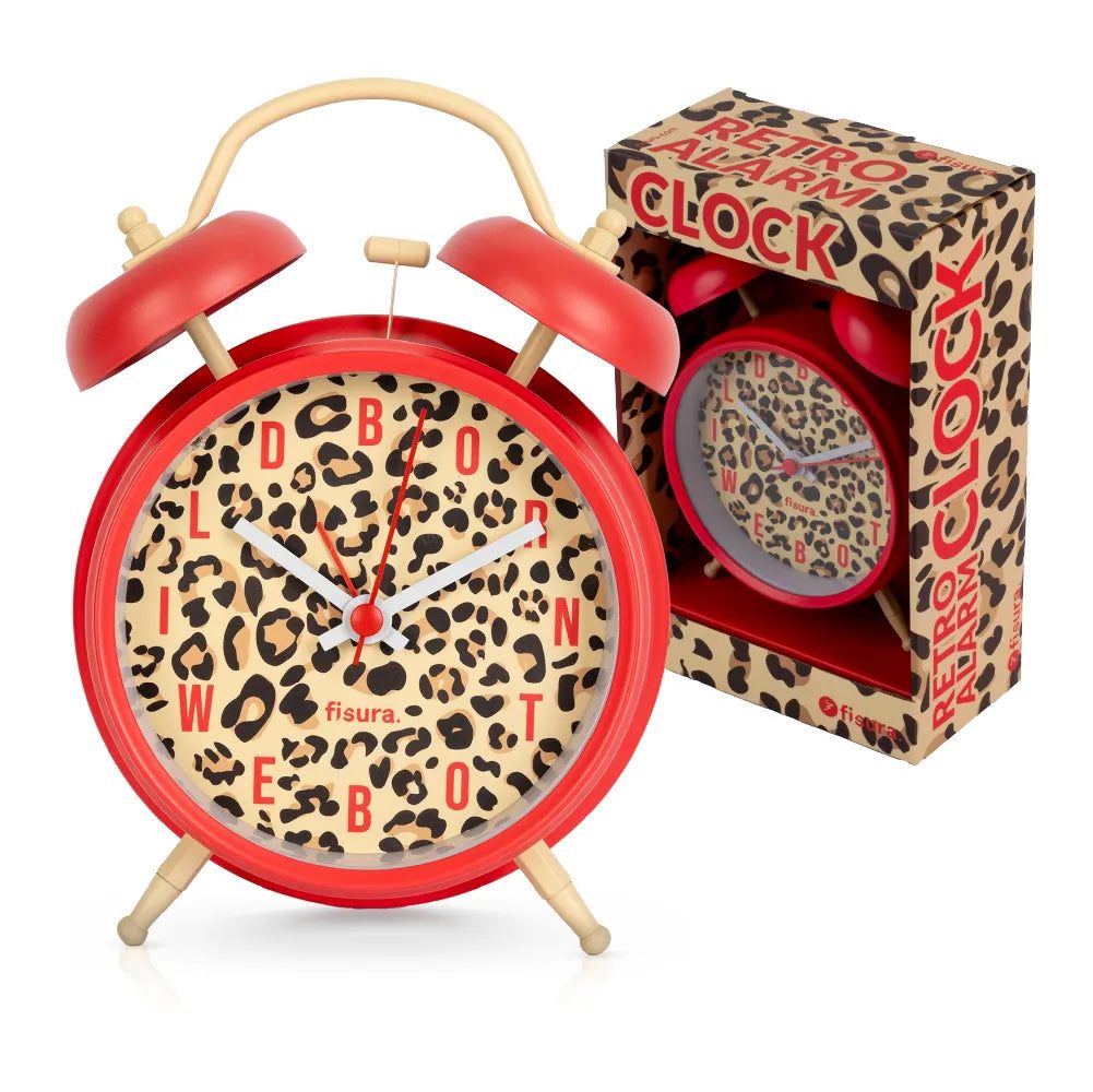 Fisura Sveglia Retrò "Leopardo", 16 cm, Stampa Leopardata / Rossa