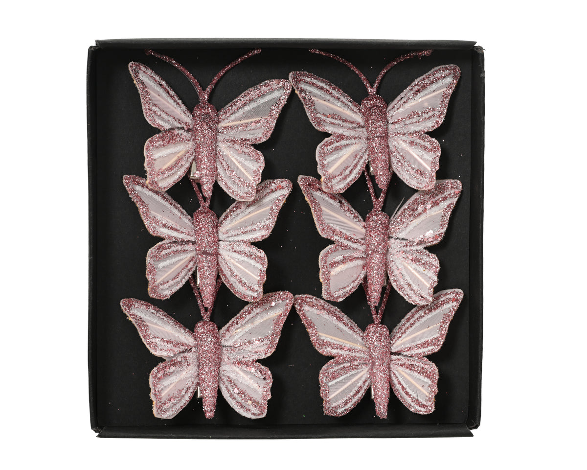 Set 6 farfalle in piume con clip 5 x 3,5 cm rosa Peraga Christmas