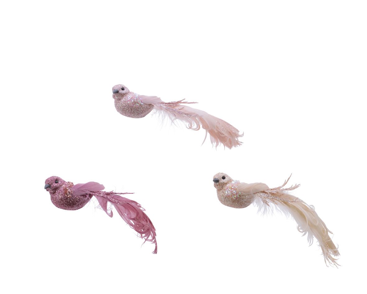 OFFERTA 3 UCCELLINI ROSA CON CODA E CLIP  3,5X16X4CM ASSORTITI