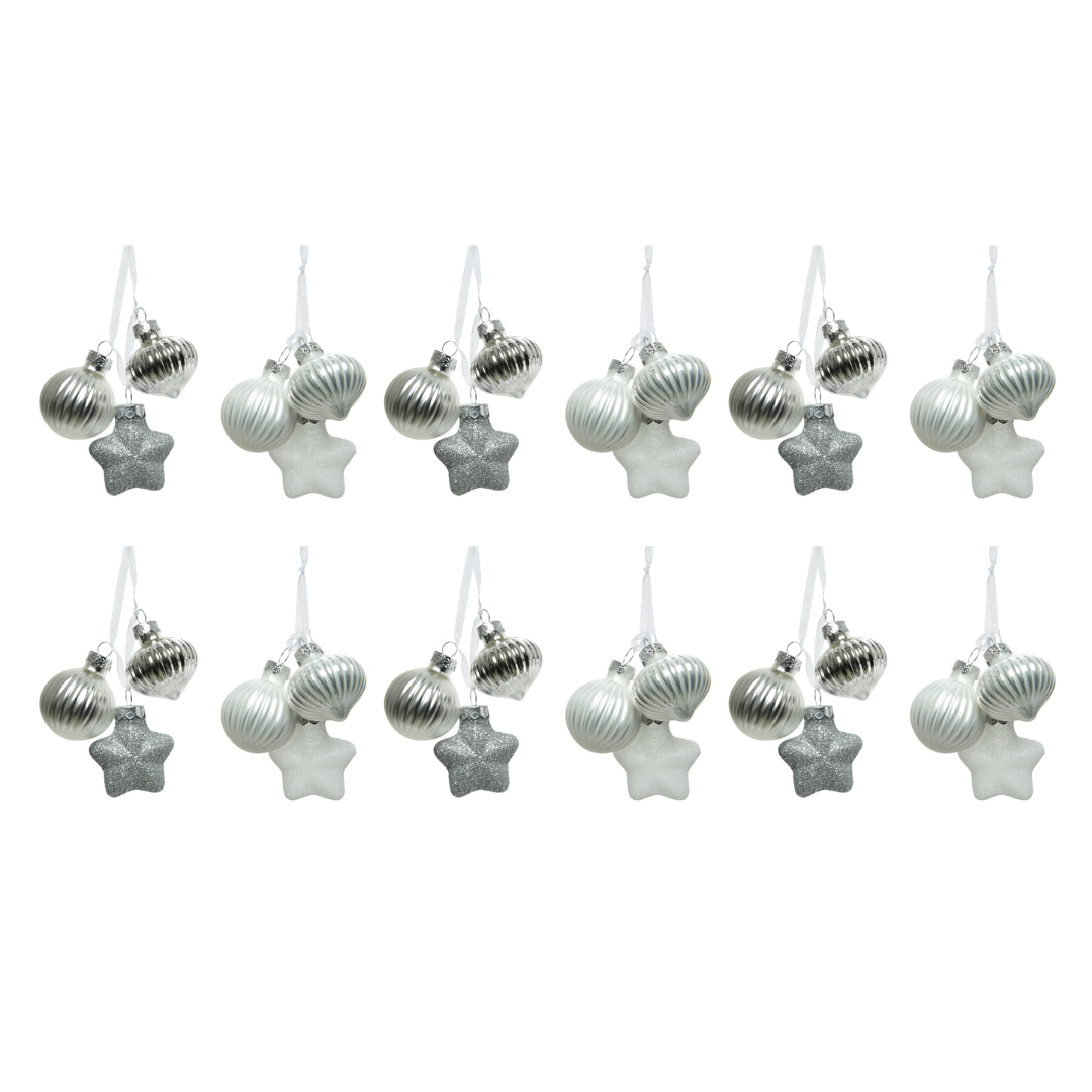 OFFERTA 12 DECORAZIONI DA APPENDERE ASSORTITA H.11.50 BIANCO/ARGENTO