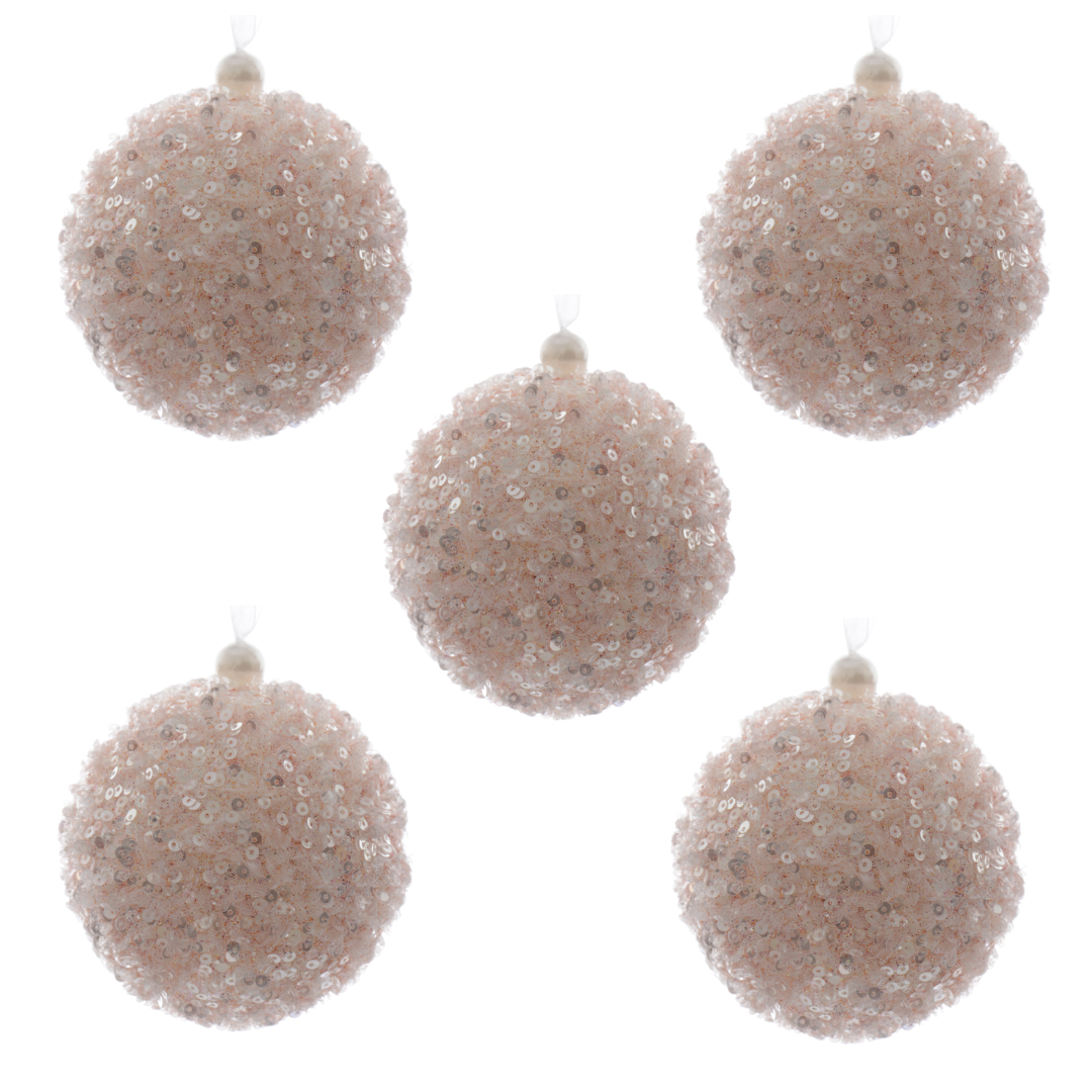 OFFERTA 5 PALLINE DI NATALE 8CM CON GLITTER ROSA PALLIDO