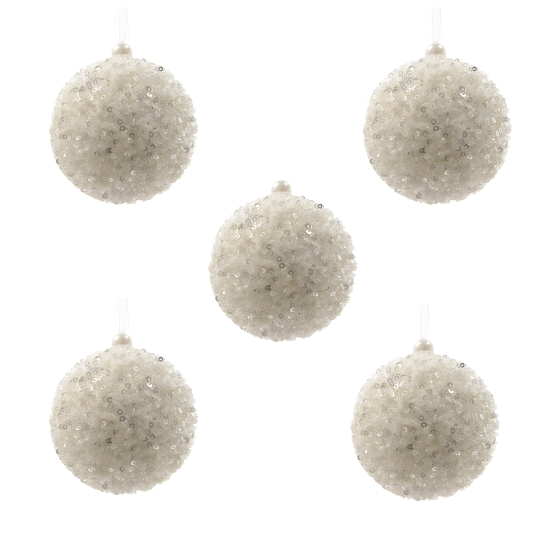 OFFERTA 5 PALLINE DI NATALE 8CM CON PERLINE BIANCO INVERNO