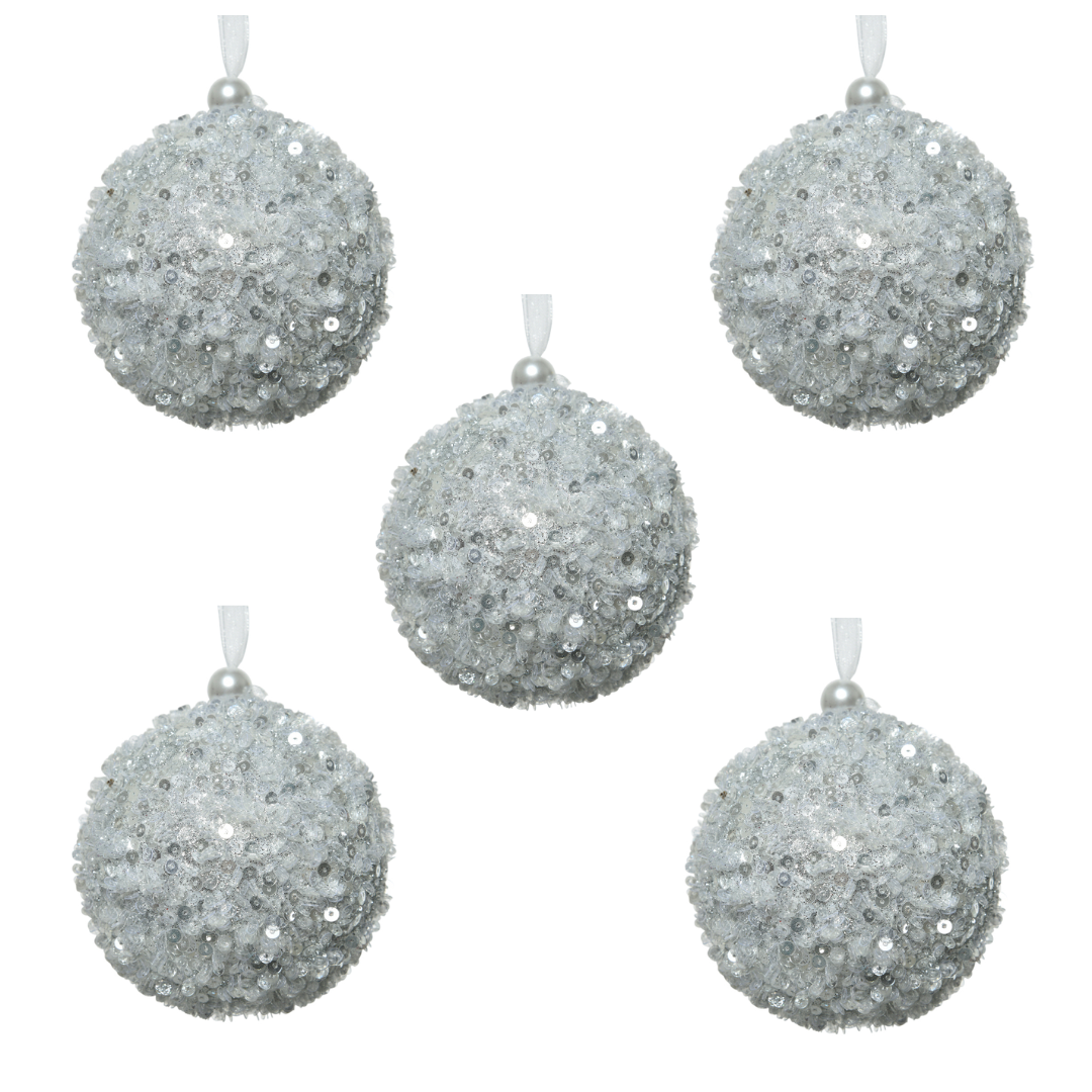 OFFERTA 5 SFERE DECORATIVE NATALIZIE CON LUSTRINI D.8CM ARGENTO