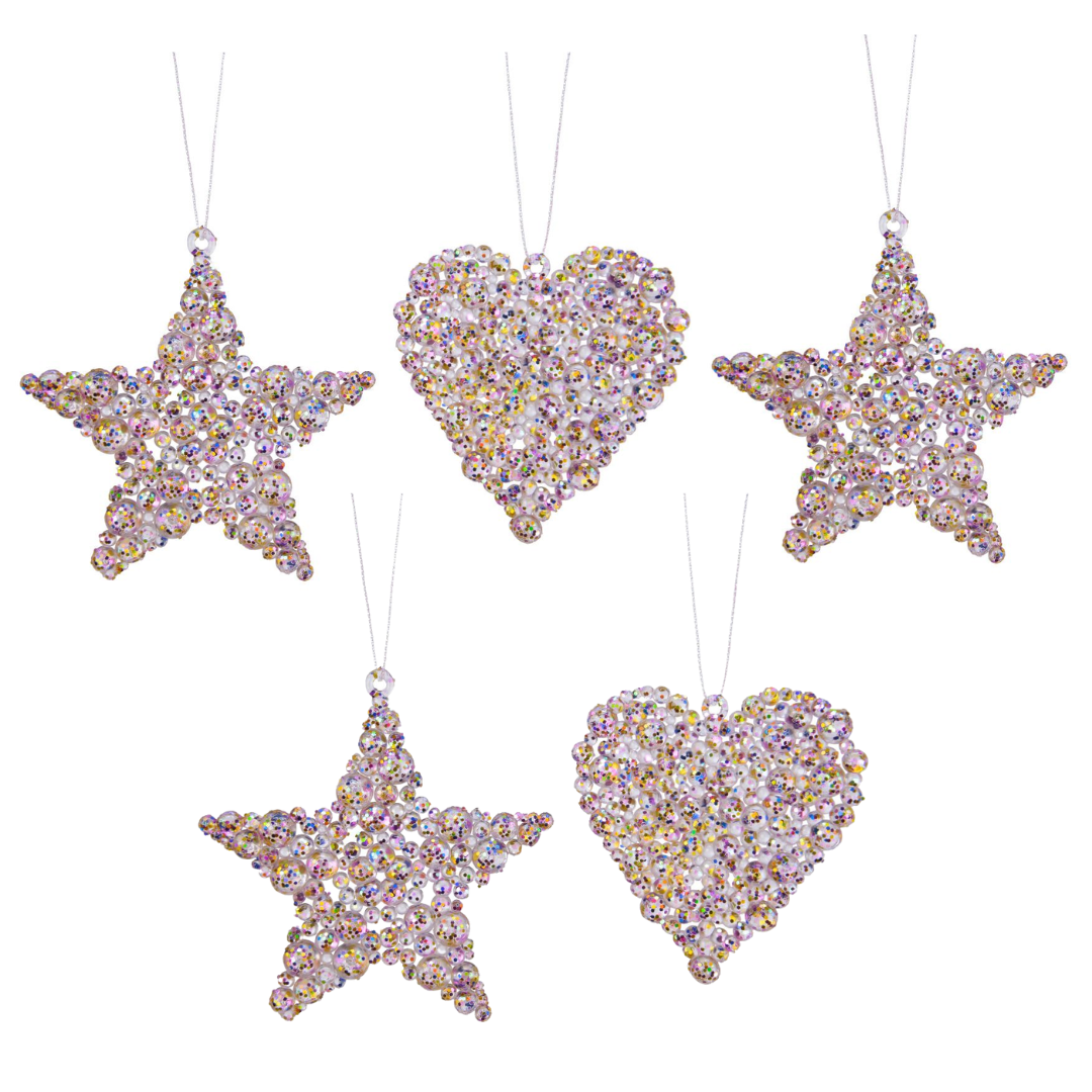 OFFERTA 5 DECORAZIONI NATALIZIE STELLA/CUORE TRASPARENTI APPENDIBILI