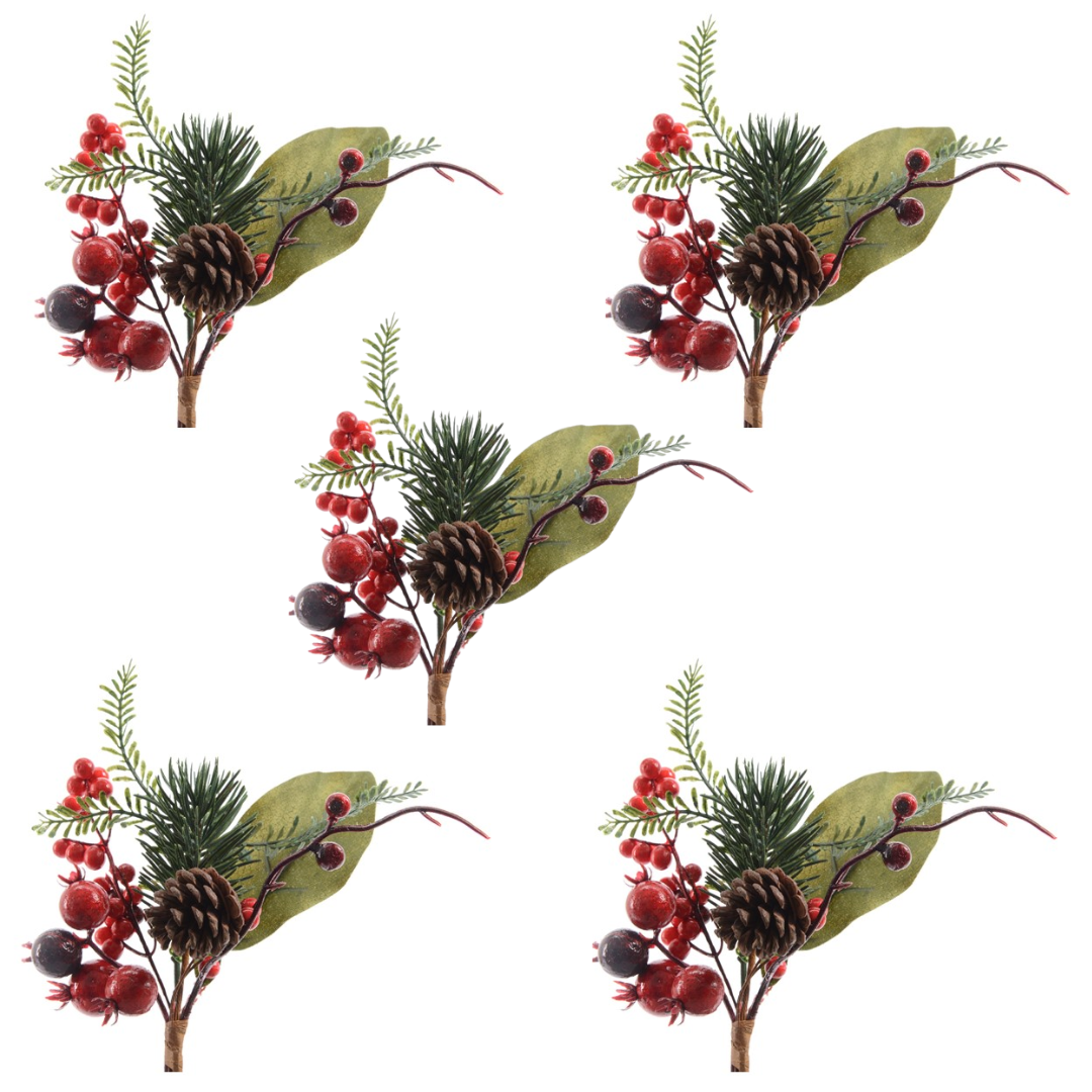 OFFERTA 5 RAMI DI BACCHE 6X11X20CM CON PIGNA ROSSO E VERDE