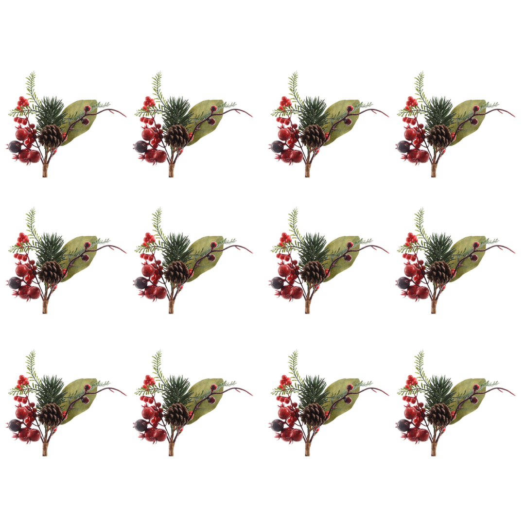 OFFERTA 12 RAMI DI BACCHE 6X11X20CM CON PIGNA ROSSO E VERDE