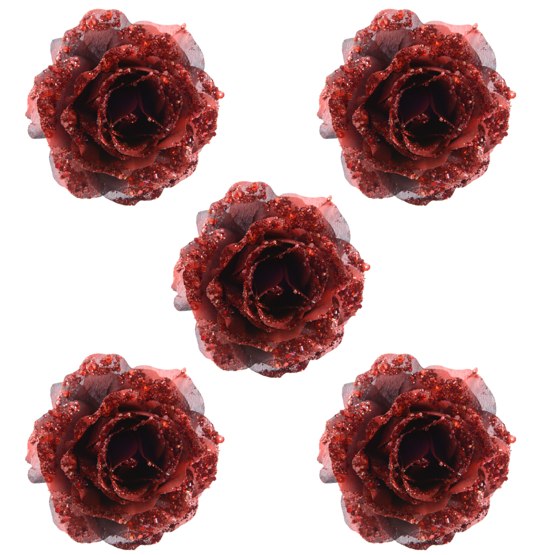 OFFERTA 5 ROSE APPENDIBILI CON CLIP 14CM CON GLITTER BORDEAUX