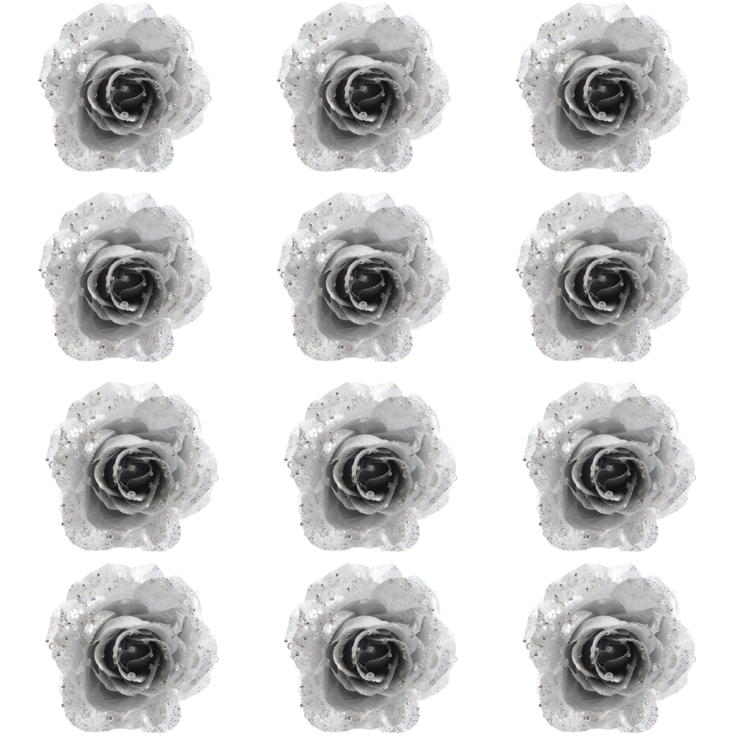 OFFERTA 12 ROSE APPENDIBILI CON CLIP E GLITTER 14X8,5CM ARGENTO