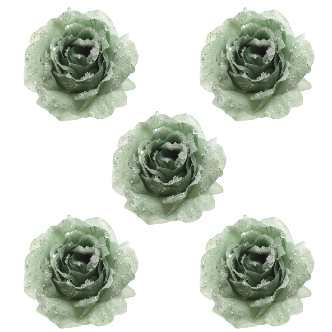 OFFERTA 5 ROSE APPENDIBILI CON CLIP E GLITTER 14X8,5CM VERDE SALVIA