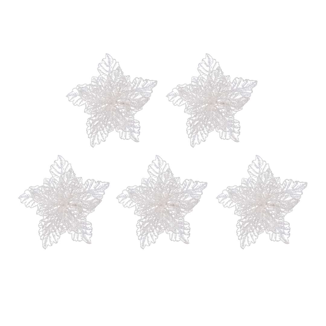 OFFERTA 5 POINSETTIE CON CLIP E GLITTER 23X10CM BIANCO