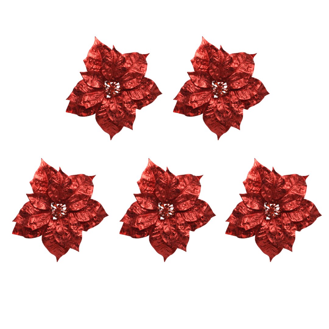 OFFERTA 5 POINSETTIE CON CLIP E GLITTER ROSSA 26X8CM