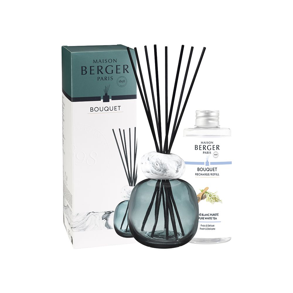 Maison Berger - Diffusore a bastoncini MINERAL Blu + 200ml Thé Blanc Pureté