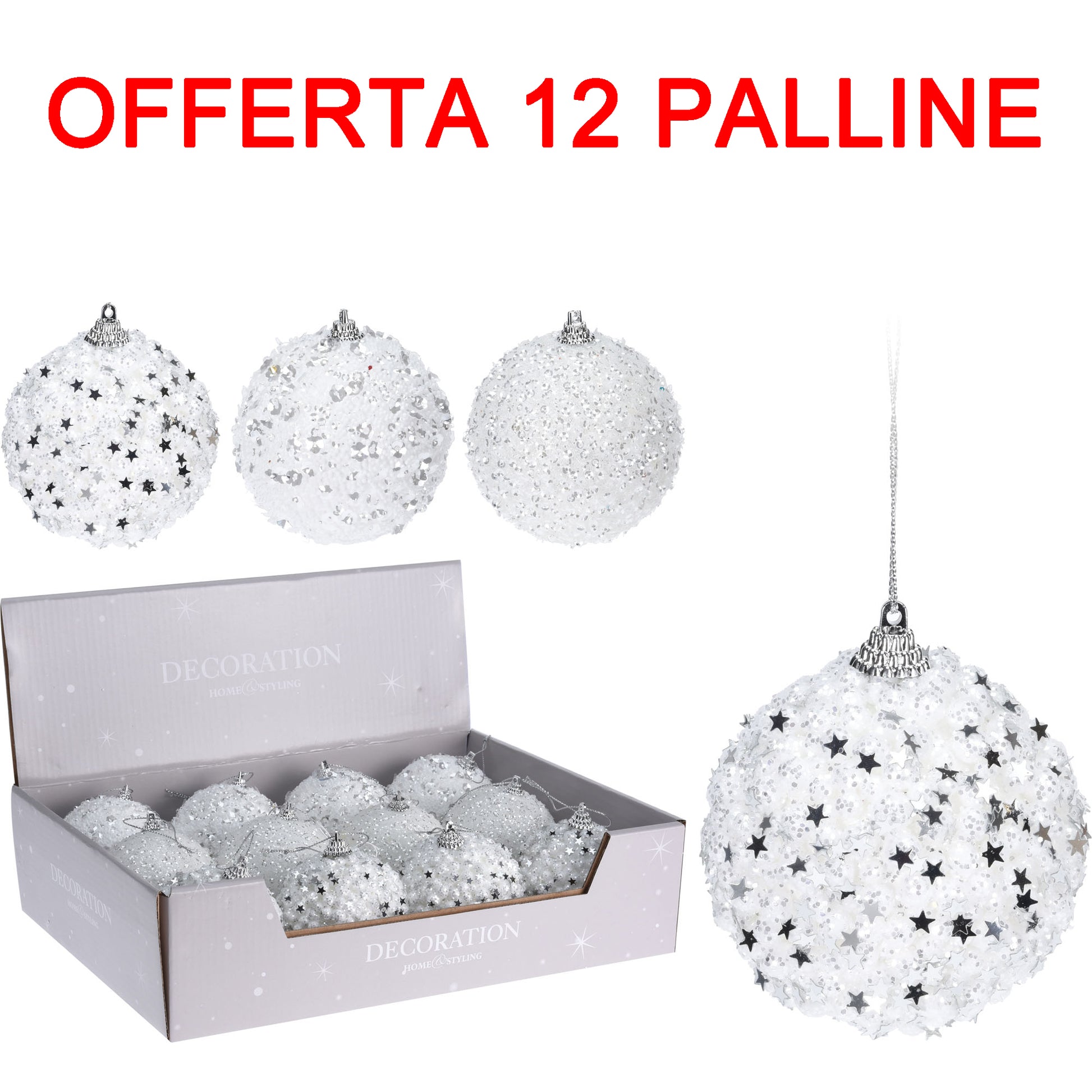 OFFERTA 12 PALLINE DI NATALE 8CM BIANCA CON GLITTER ASSORTITA