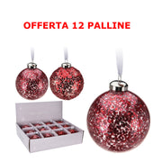 OFFERTA 12 PALLINE DI NATALE 8 CM IN VETRO ROSSE ASSORTITE