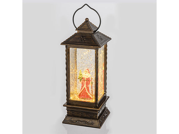 Rechteckige Laterne aus braunem, brüniertem Kunststoff, mit Glitzer, warmweiße LED, batteriebetrieben, IP20, tragbar, 10,5x10,5xH.27,5 cm, Peraga Christmas