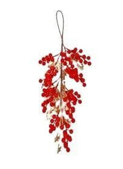 Ramo pendente con bacche floccate rosse e agrifoglio dorato H54 cm Mercury