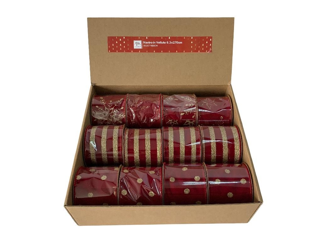 Nastro rosso con decoro oro 6,3 x 270 cm modello assortito Mercury