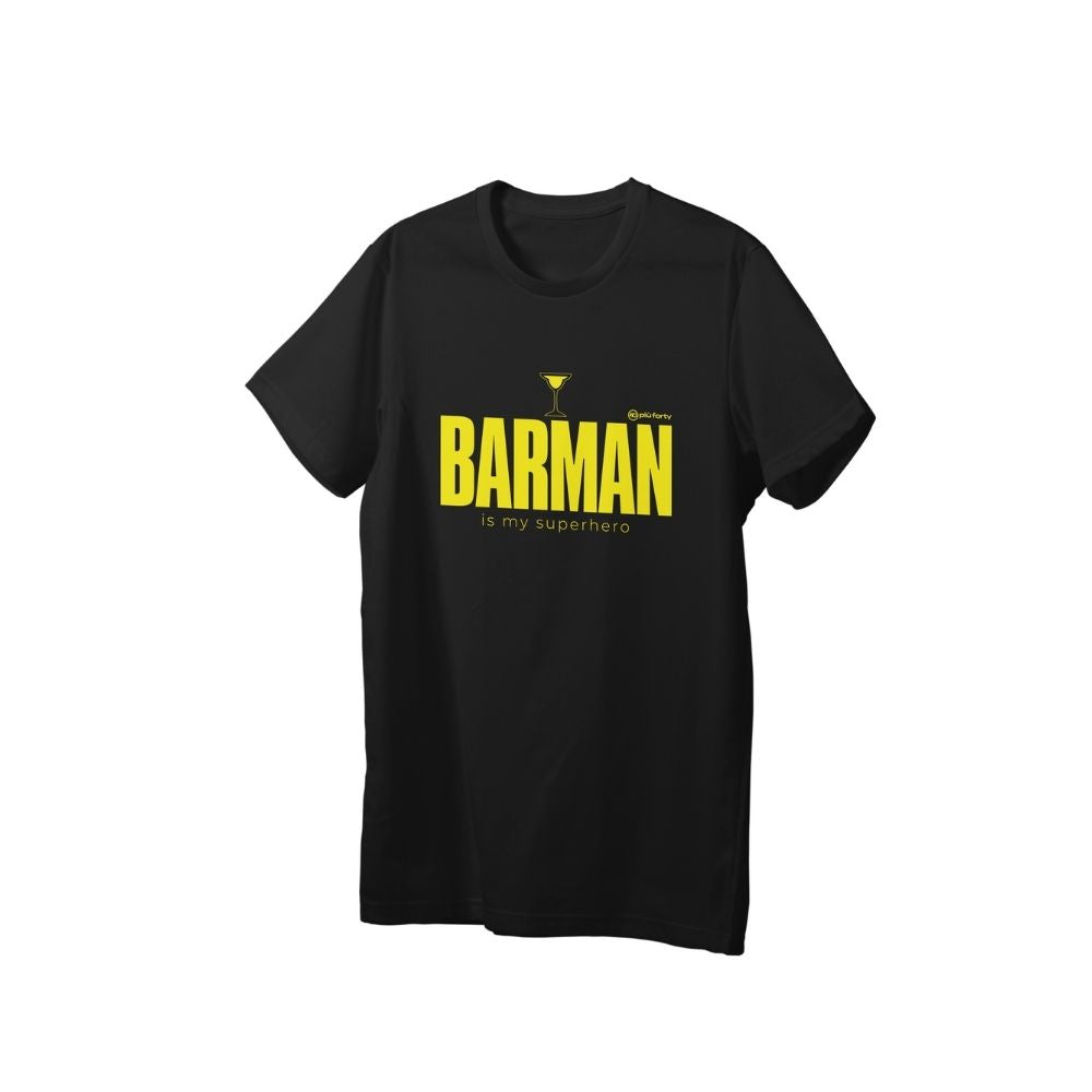 T-SHIRT UNISEX NERA "BARMAN IS MY SUPERHERO" IN COTONE TAGLIA S