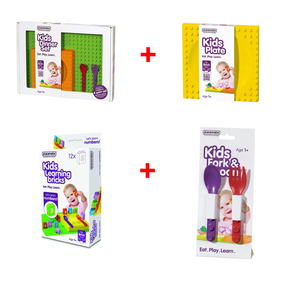 OFFERTA SET PER BAMBINI TAPPETINO CON PIATTO E POSATE + PIATTO + CUBI CON NUMERI + FORCHETTA E CUCCHIAIO
