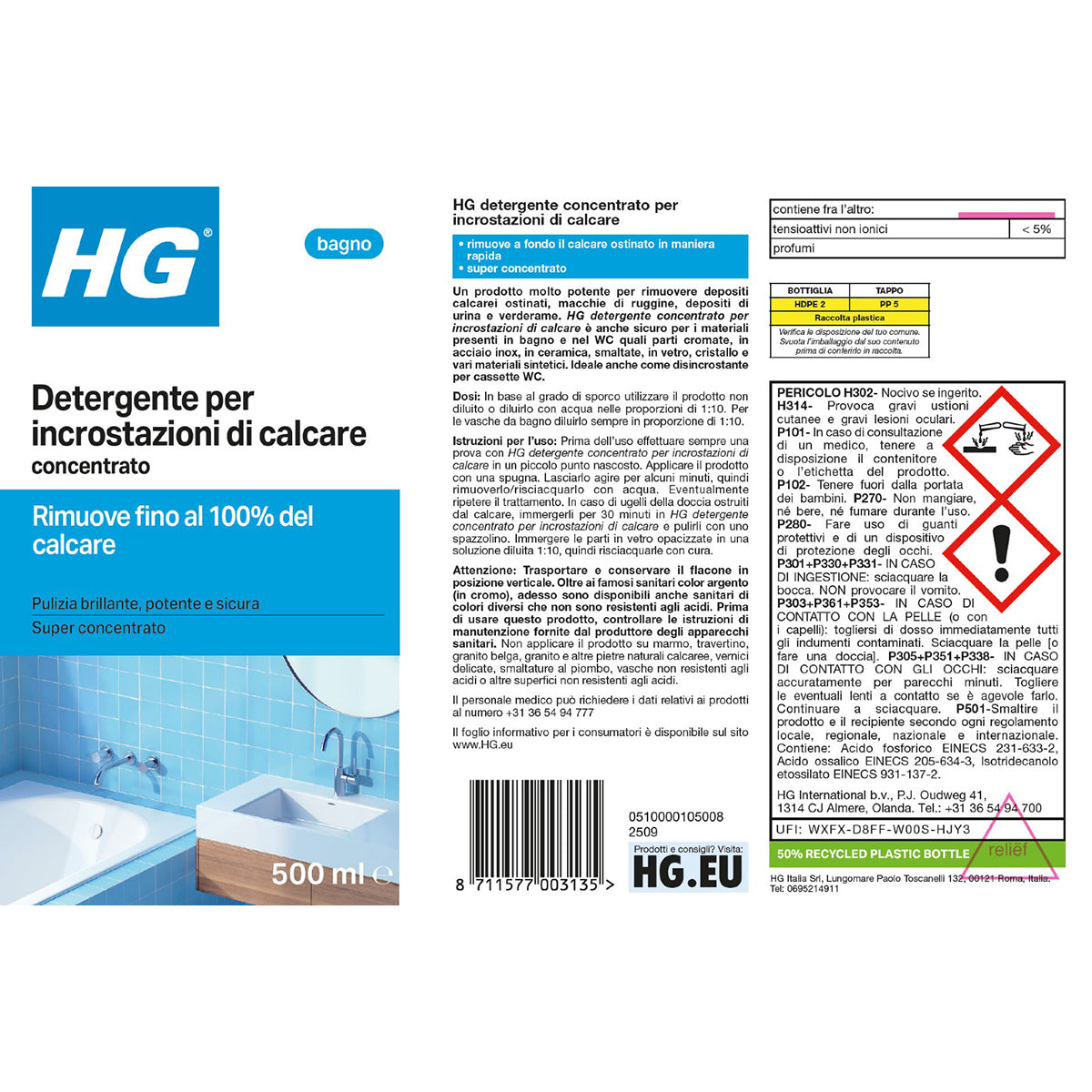 HG DETERGENTE PROFESSIONALE PER INCROSTAZIONI DI CALCARE 500 ML