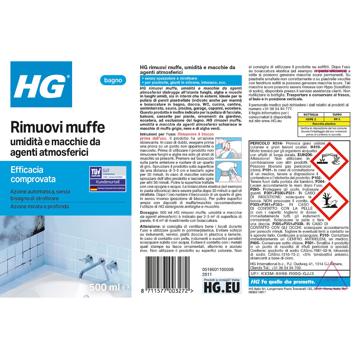 HG RIMUOVI MUFFE, UMIDITà E MACCHIE DA AGENTI ATMOSFERICI 500 ML