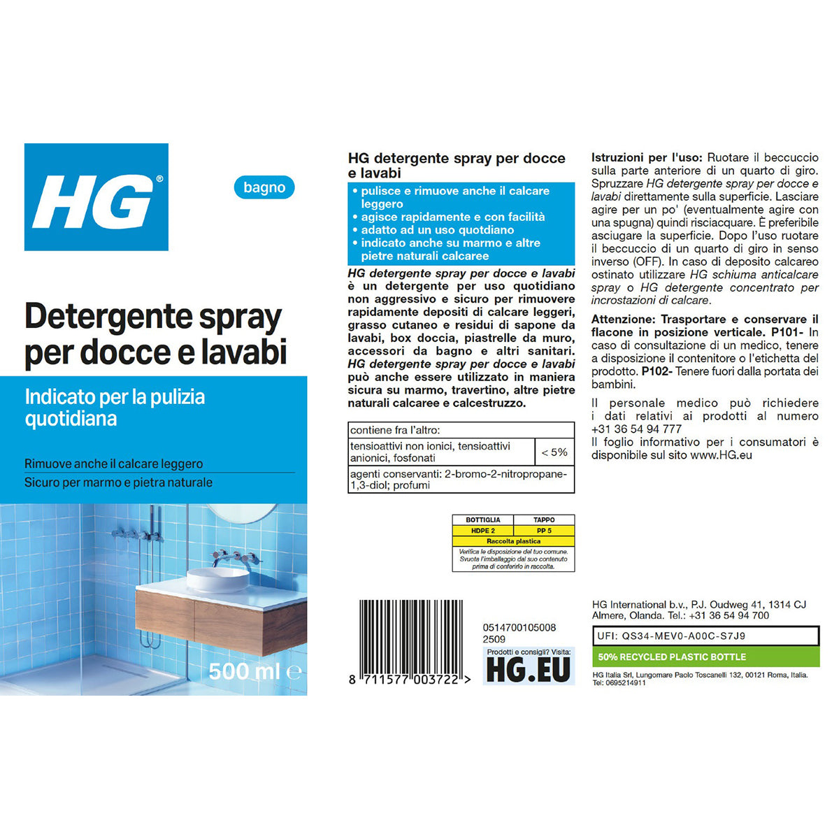 Nettoyant en spray HG pour douches et lavabos 500 ml