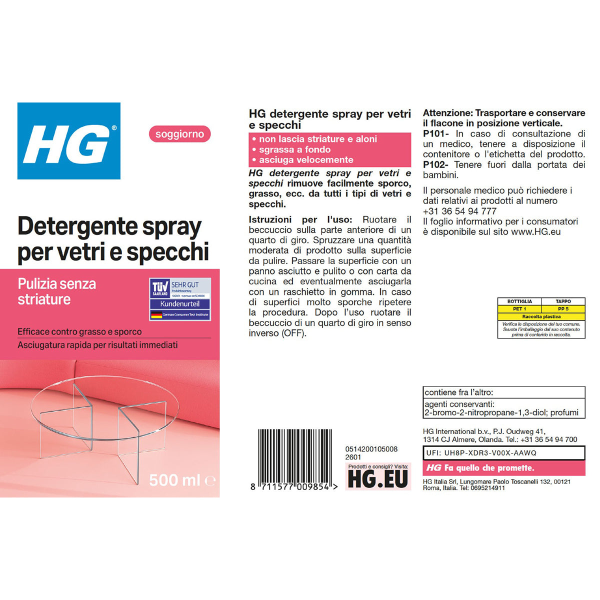 Nettoyant en spray HG pour vitres et miroirs 500 ml