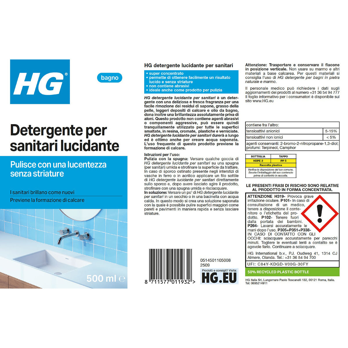 HG DETERGENTE BRILLANTE PER SANITARI 500 ML