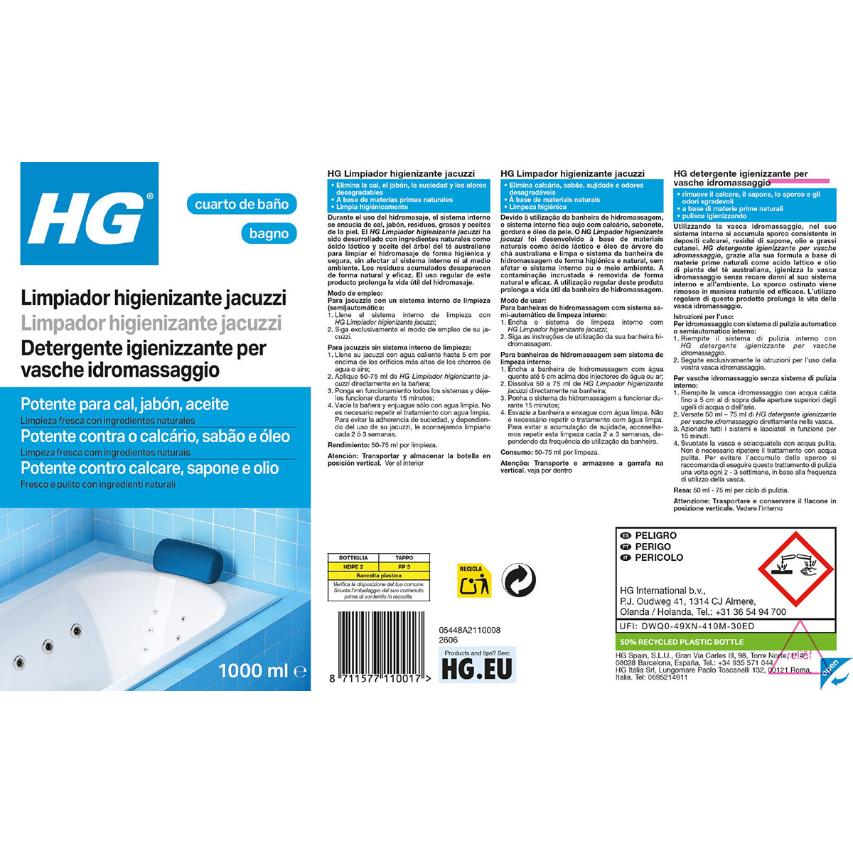 HG DETERGENTE IGIENIZZANTE PER VASCHE IDROMASSAGGIO 1 L