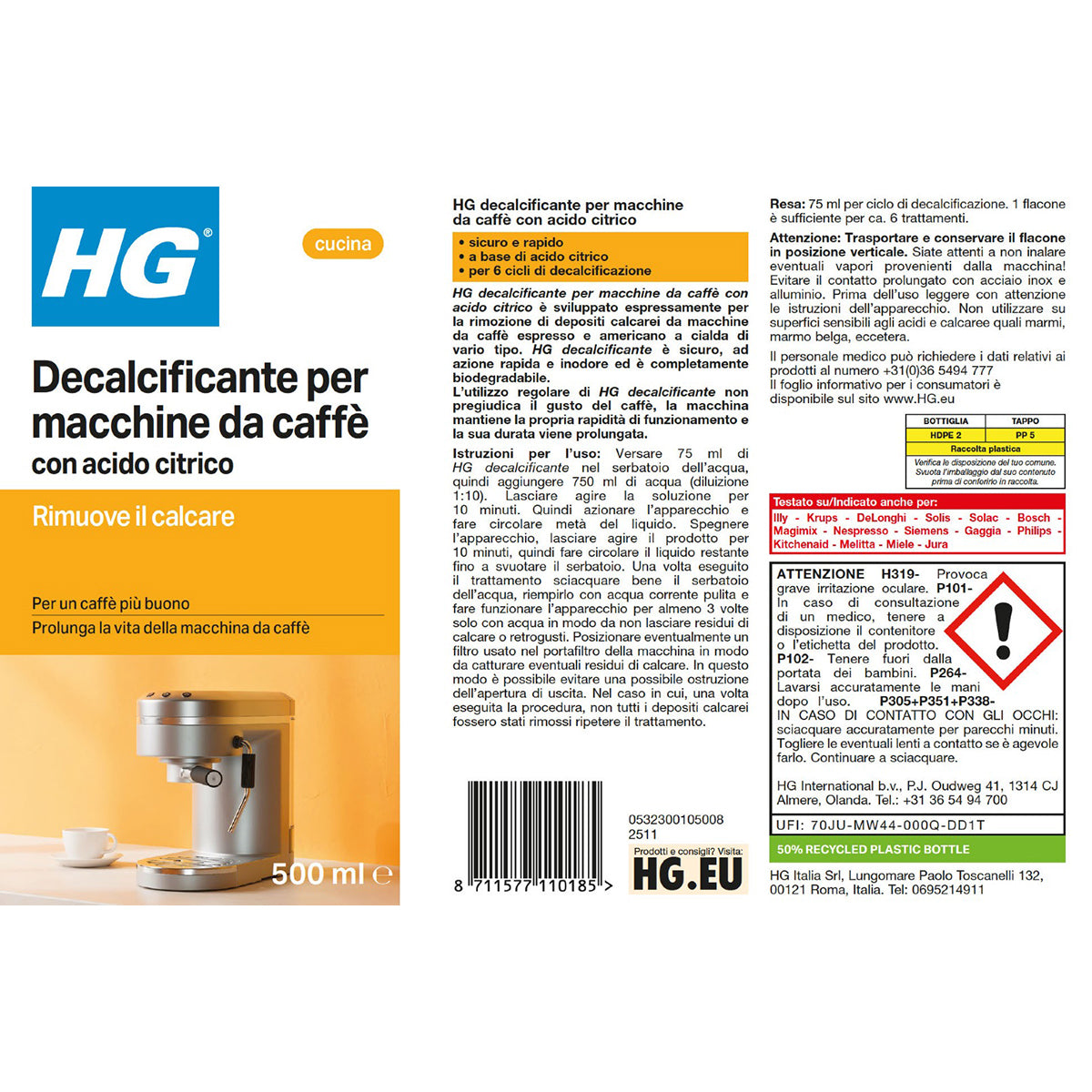 HG ANTICALCARE PER MACCHINE DA CAFFè ESPRESSO E CON CIALDE 500 M