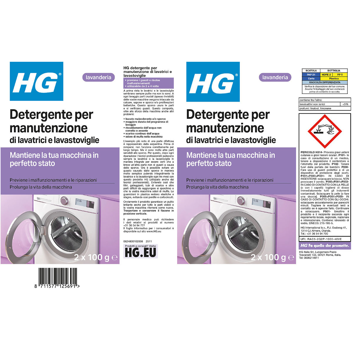 HG DETERGENTE PER MANUTENZIONE DI LAVATRICI E LAVASTOVIGLIE 2X10