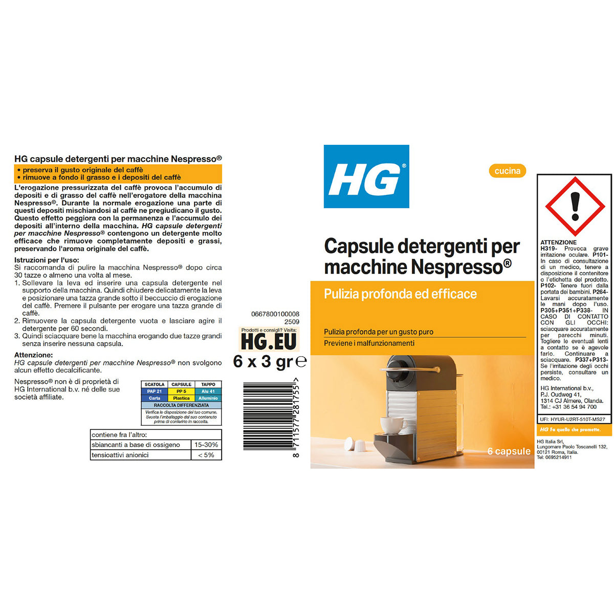 HG Capsule Detergenti per Macchine Nespresso 6 pz