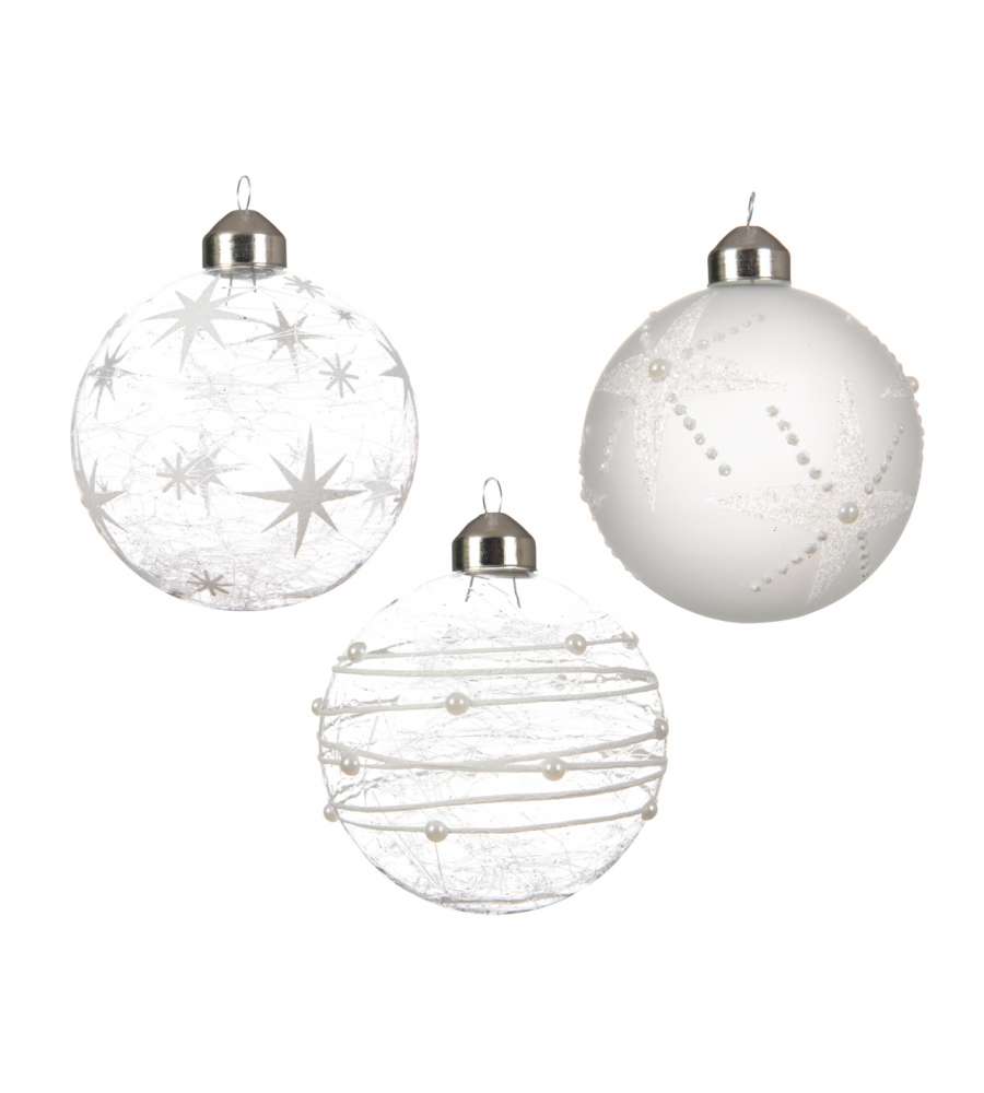 1 PALLINA DI NATALE IN VETRO BIANCO INVERNO 8CM CON GLITTER ASSORTITA