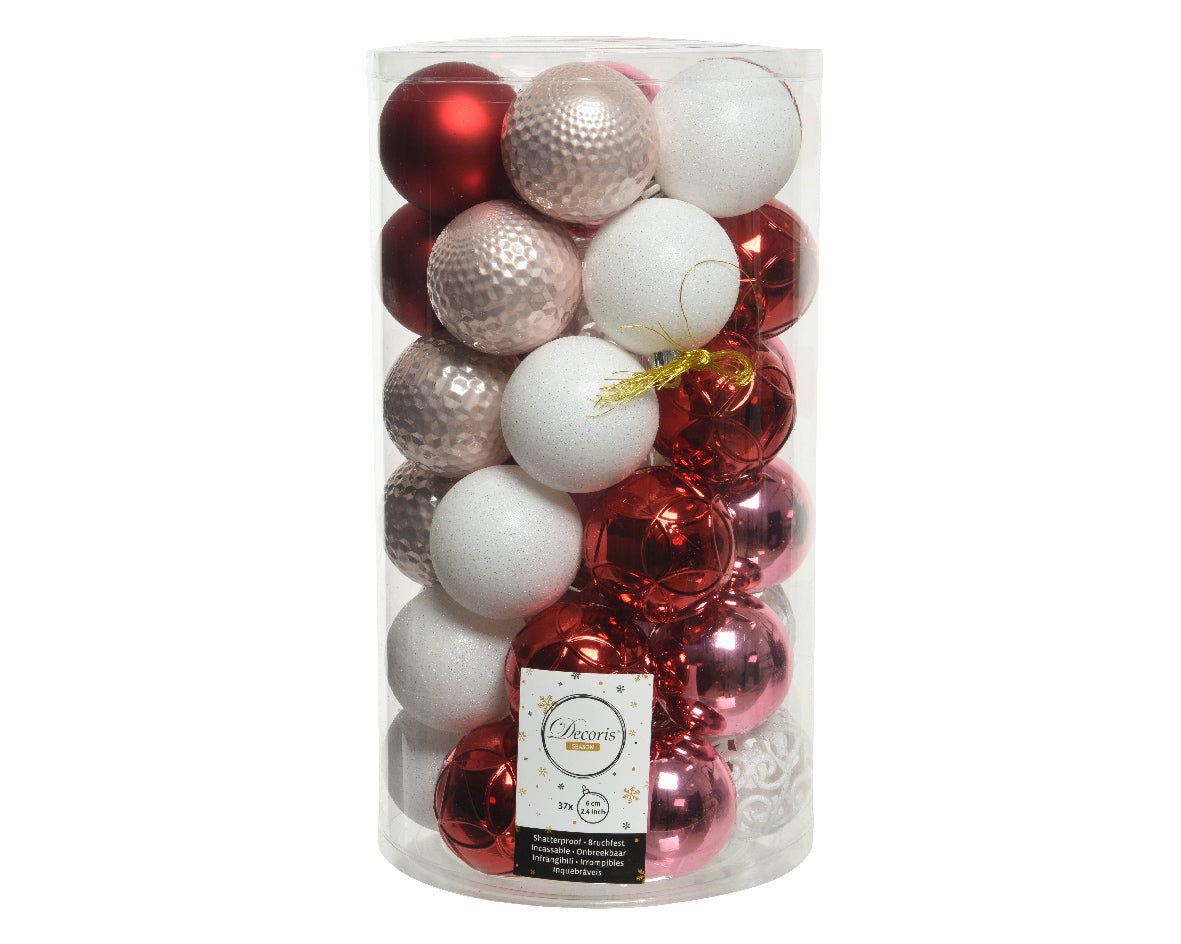 SET 37 PALLINE DI NATALE CHRISTMAS COLOR ROSSE BIANCHE ROSA 6CM